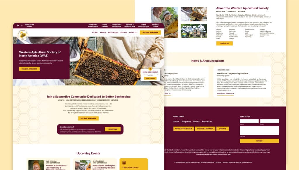 Content-rich nonprofit website homepage with beekeeping imagery, membership information, news announcements, and upcoming events