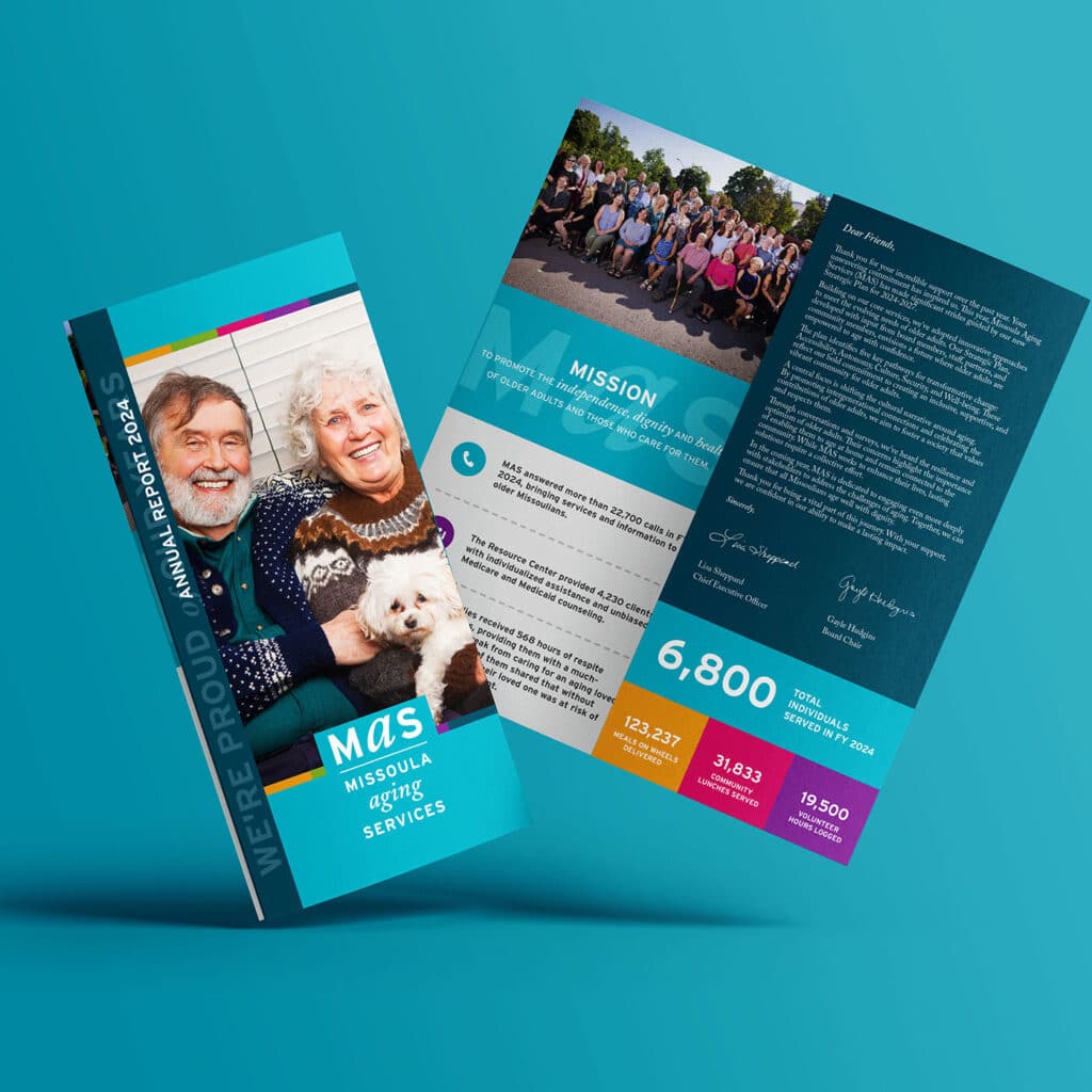 Tri-fold annual report design for Missoula Aging Services featuring branded visuals, impact statistics, and donor messaging created by Digital Spark Creative.