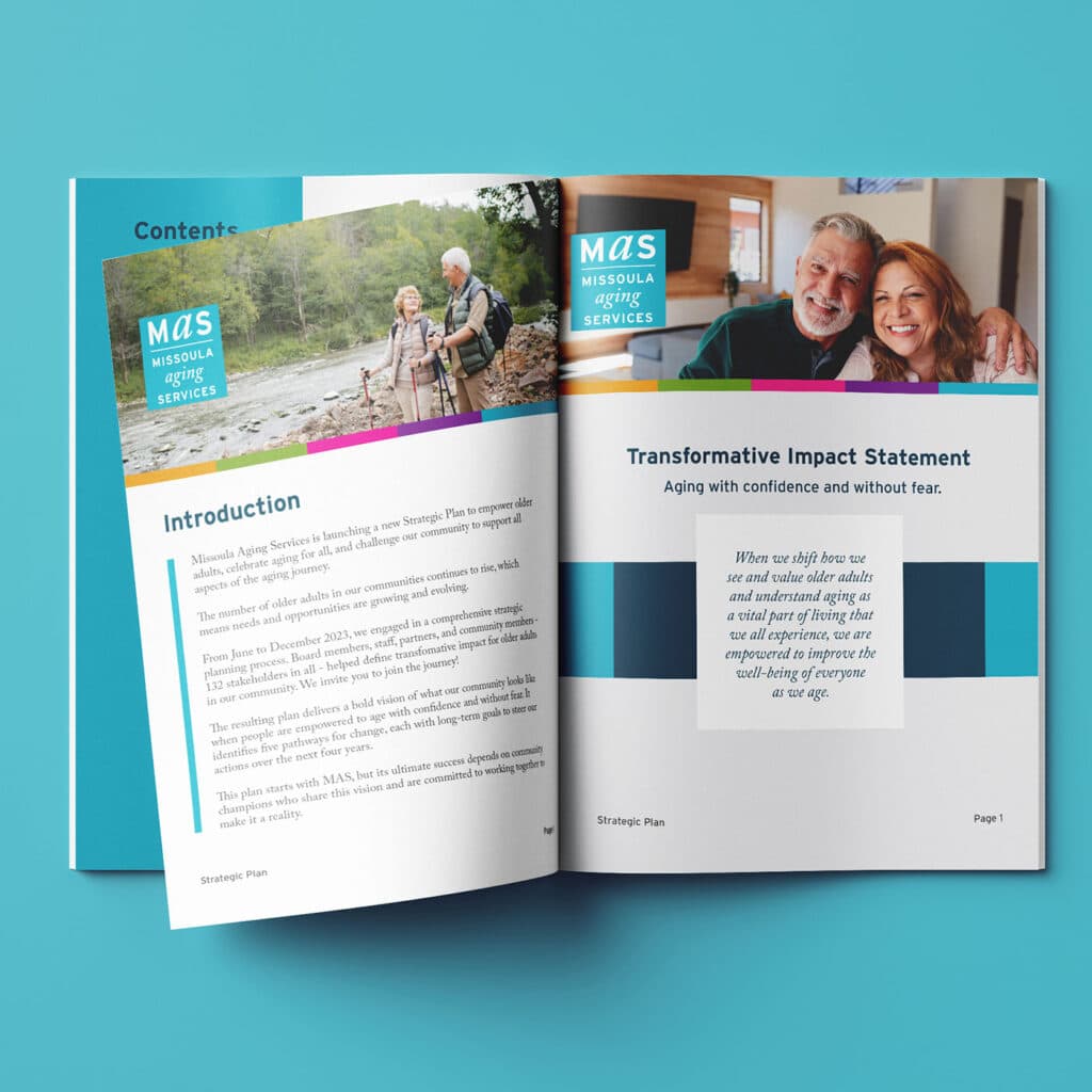 Open booklet mockup displaying the Missoula Aging Services strategic plan with branded typography, photography, and visual identity elements designed by Digital Spark Creative.