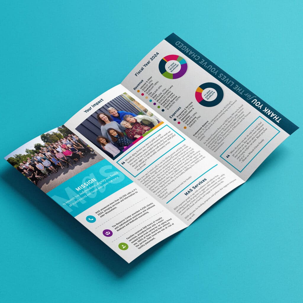 Interior spread of a tri-fold annual report brochure for Missoula Aging Services, showcasing mission content, impact numbers, and program highlights in a cohesive branded layout.