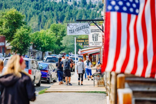 Tourists walking down sidewalk in Virginia City