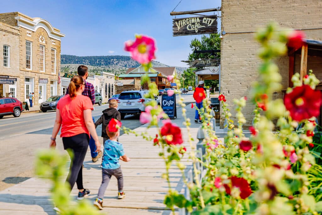 Family walking down sidewalk in Virginia City