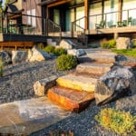 Stone stepway leading to a modern Georgetown Lake home with integrated landscaping